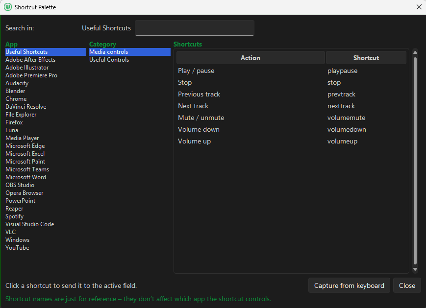 MIDI Command Studio Shortcut Palette showing built-in shortcut categories and commands